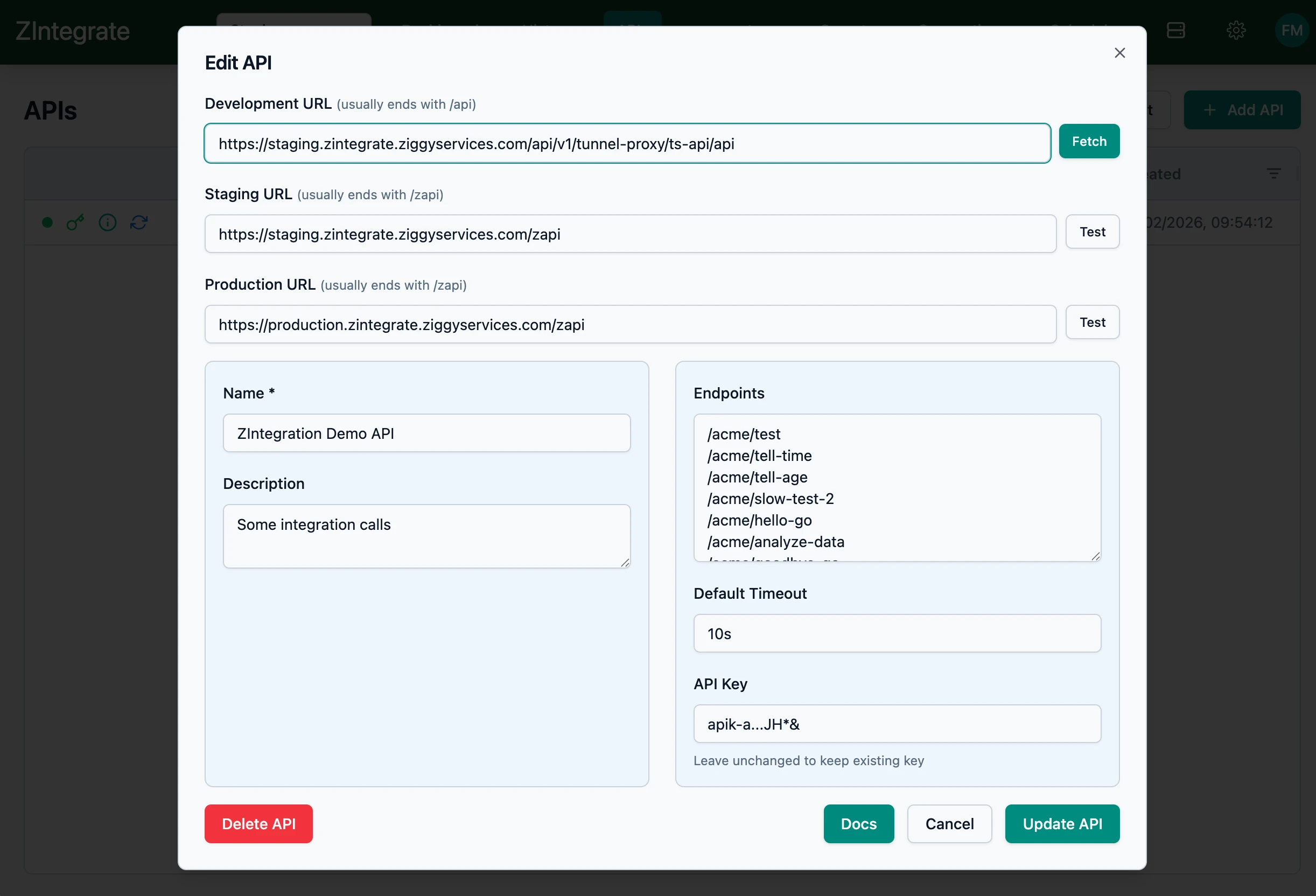 ZIntegrate API Registry Grid