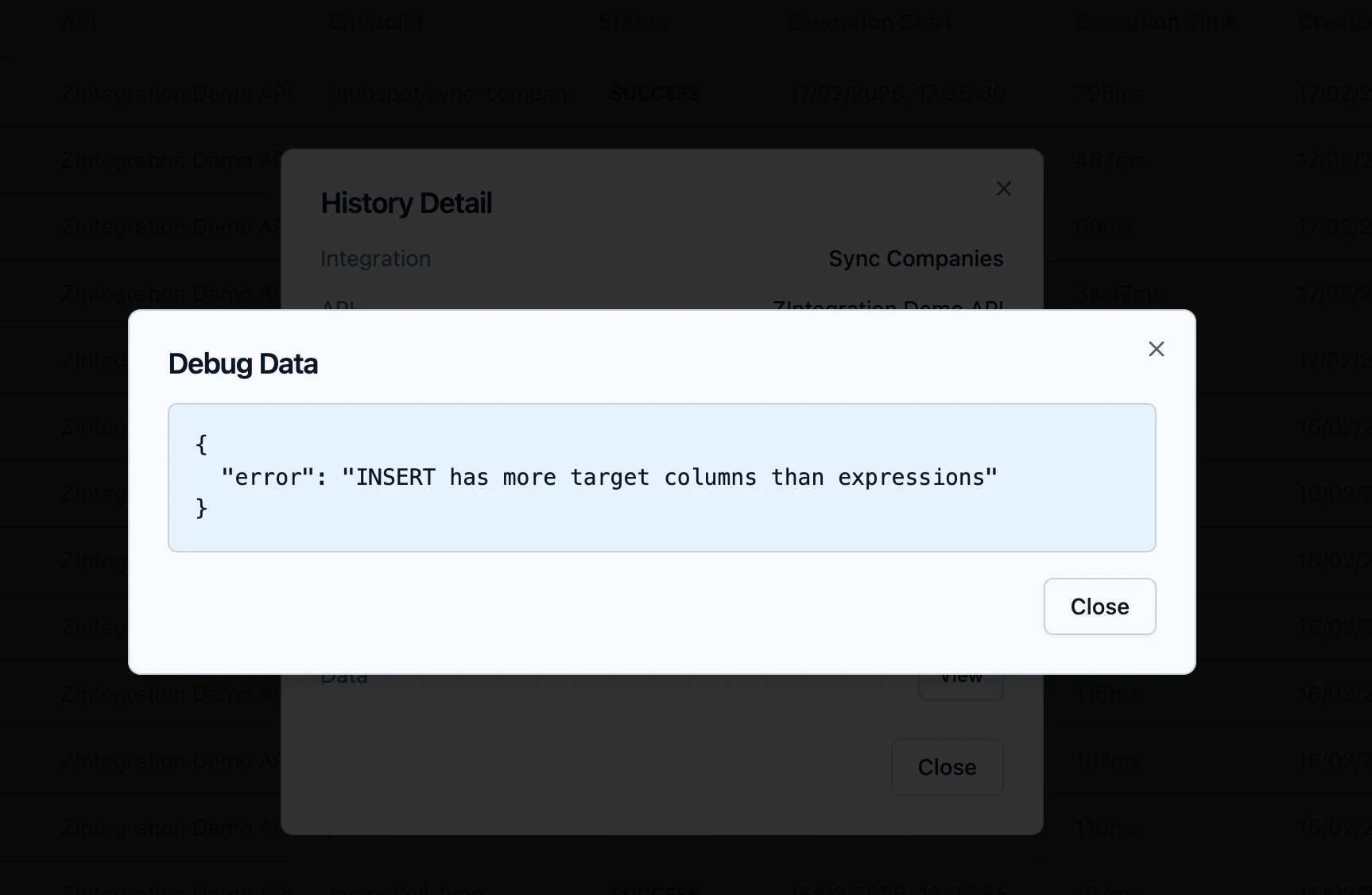 ZIntegrate History Detail Inspection