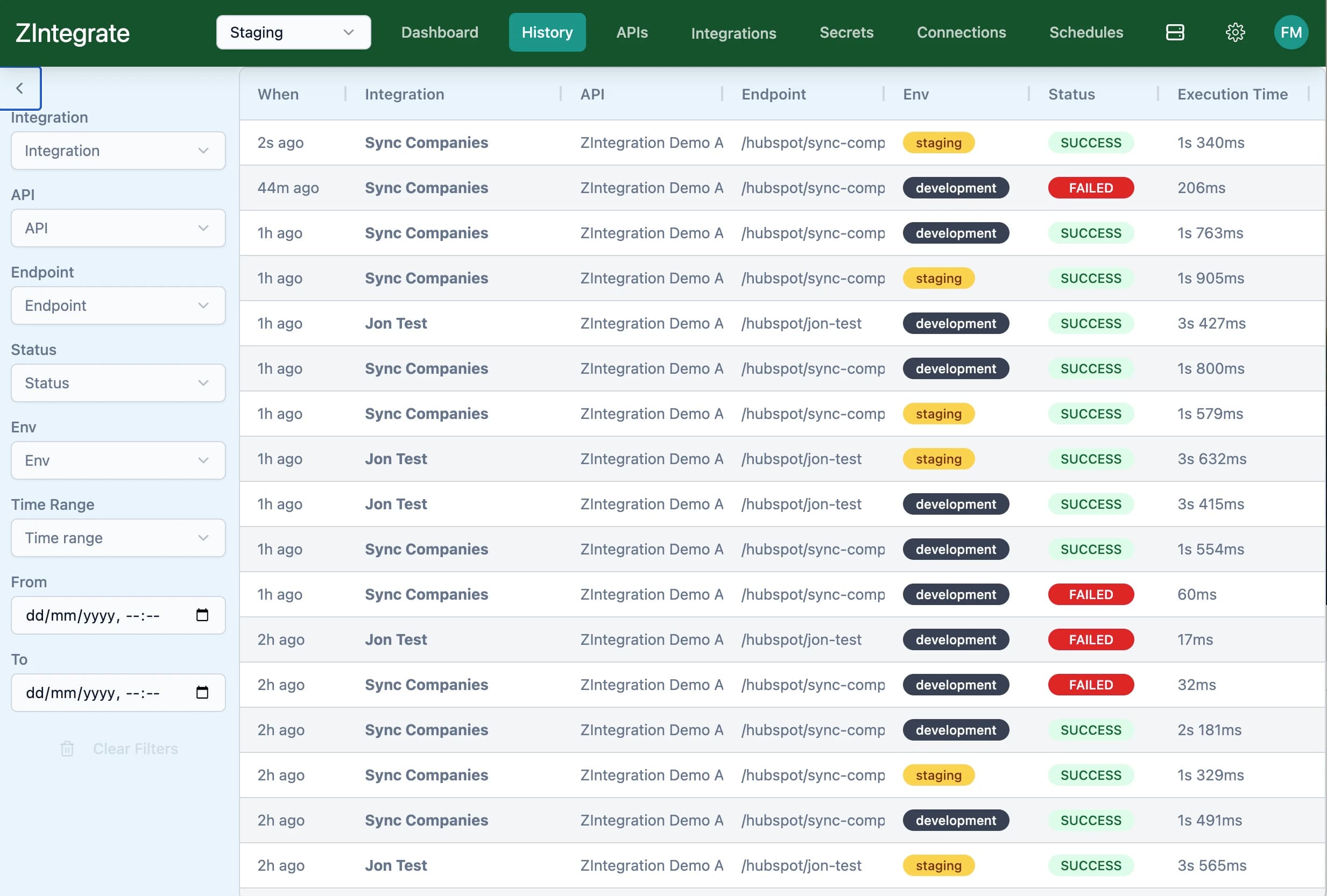 ZIntegrate Execution History Log